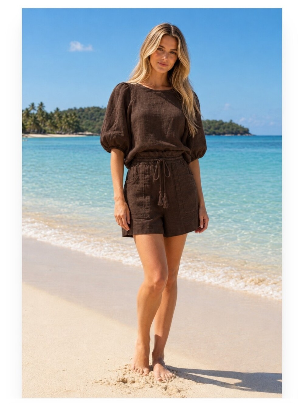House of Harlow 1960 Womens Two Piece Set Brown Linen Shorts & Top Size Medium